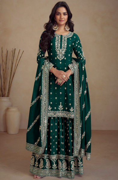 Pine Green Embroidered Chinnon Designer Palazzo Kameez