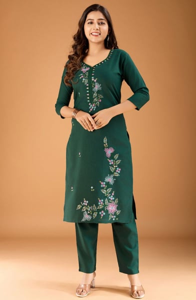 Pine Green Embroidered Cotton Kurti with Pant