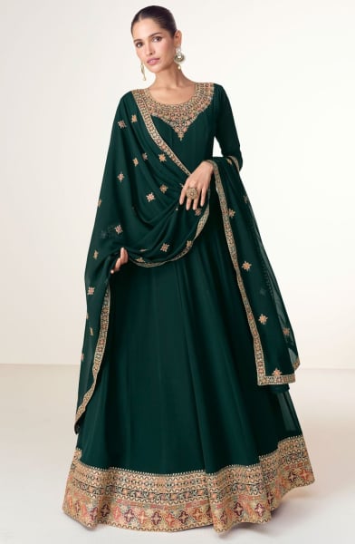 Pine Green Embroidered Georgette Anarkali Gown with Dupatta for Ceremonial