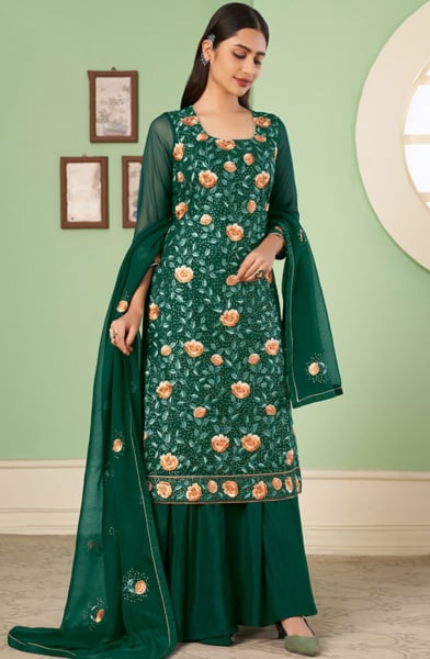 Pine Green Embroidered Georgette Designer Sarara Kameez Suit