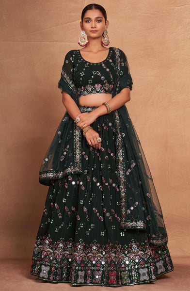 Pine Green Embroidered Georgette Lehenga Choli for Ceremonial