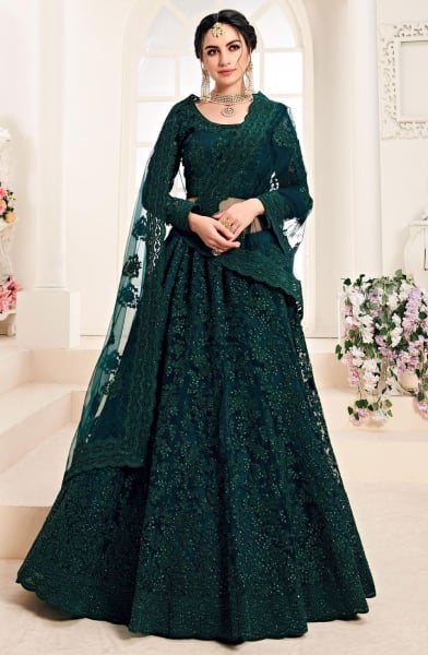 Pine Green Embroidered Net Designer Lehenga Choli
