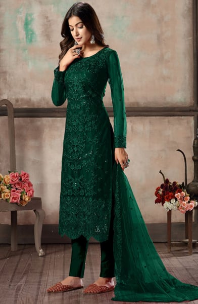 Pine Green Embroidered Net Pant Kameez