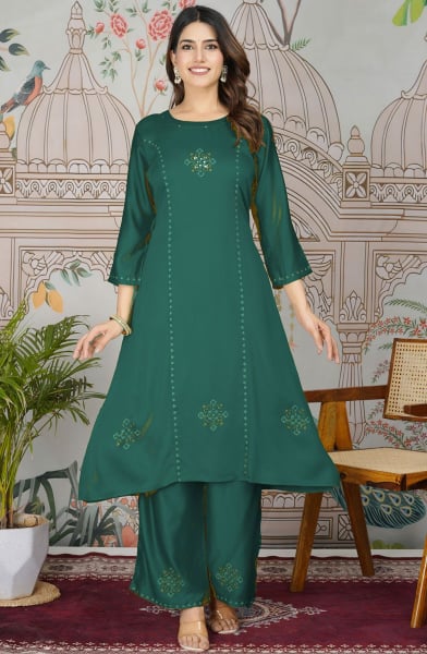 Pine Green Embroidered Pure Gaji Silk Kurta Set
