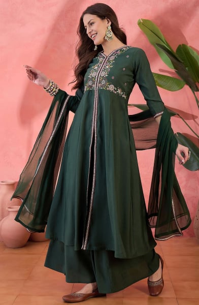Pine Green Embroidered Roman Silk Palazzo Kameez