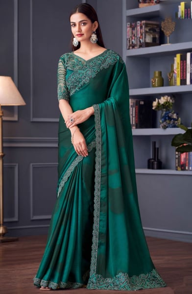 Pine Green Embroidered Satin Chiffon Designer Saree