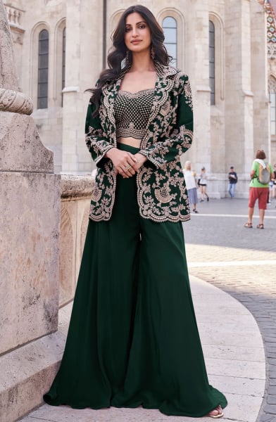 Pine Green Embroidered Silk Designer IndoWestern