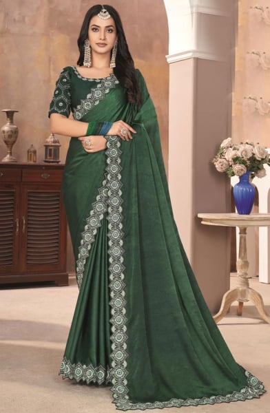 Pine Green Embroidered Silk Designer Saree
