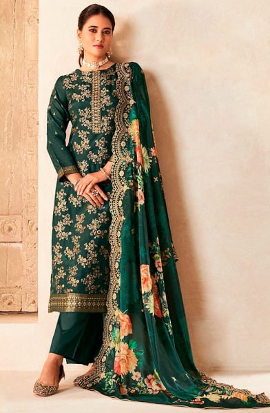 Pine Green Embroidered Viscose Dola Silk Trouser Kameez