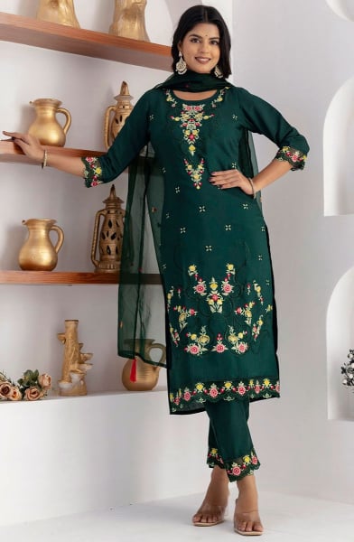Pine Green Embroidered Viscose Silk Readymade Suit