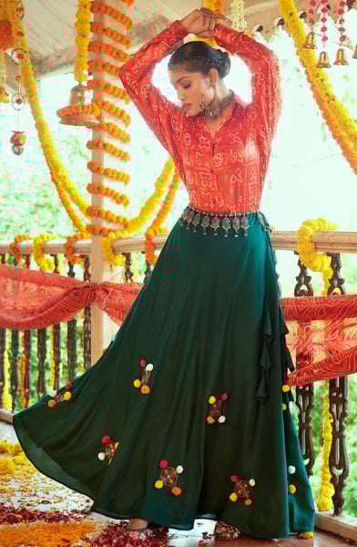 Pine Green Ethnic Skirt with Top for Party