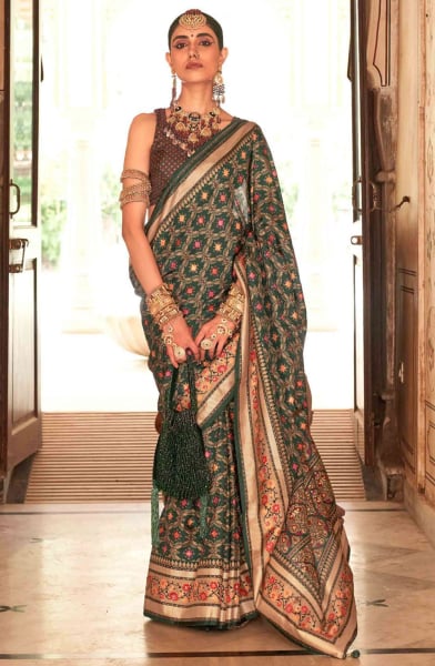 Pine Green Gold Print Silk Saree for Festival