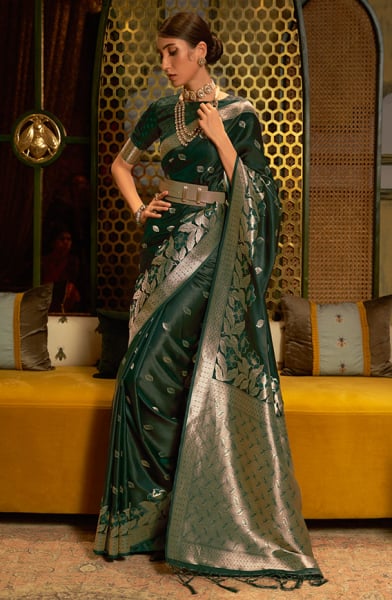 Pine Green Handloom Weaving Pure Satin Saree