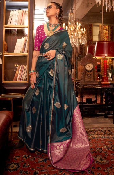 Pine Green Handloom Weaving Satin Saree