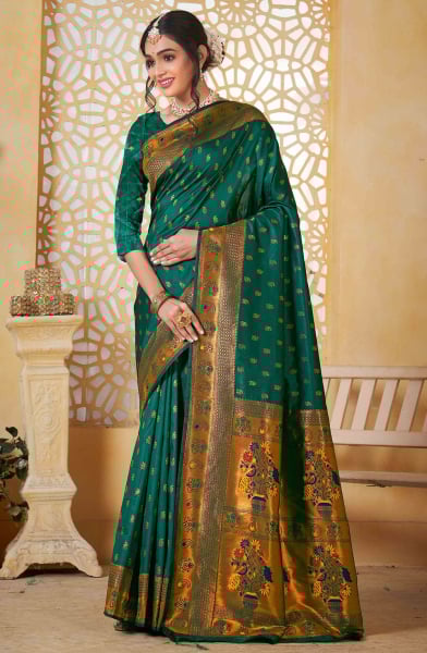 Pine Green Jacquard Work Paithani Silk Saree