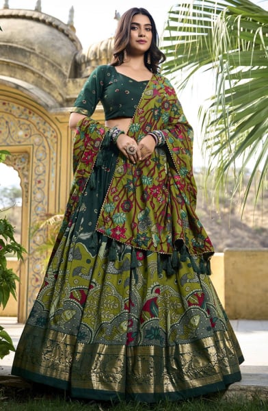 Pine Green Kalamkari Print Tussar Silk Chaniya Choli