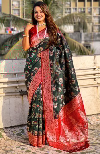 Pine Green Meenakari Weaving Banarasi Silk Saree