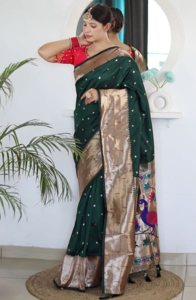 Pine Green Meenakari Woven Paithani Silk Saree