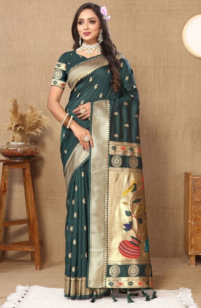 Pine Green Meenakari Woven Paithani Silk Saree