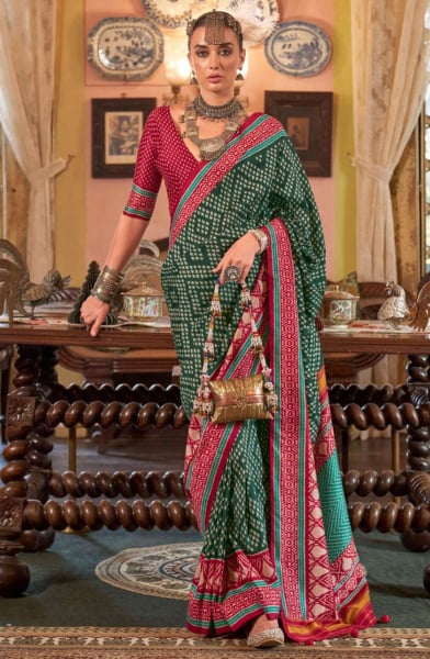 Pine Green Patola Design Viscose Silk Saree