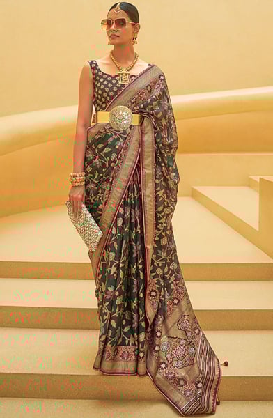 Pine Green Printed Organza Brasso Party Wear Saree