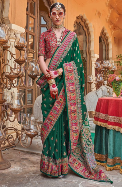Pine Green Printed Silk Saree for Party