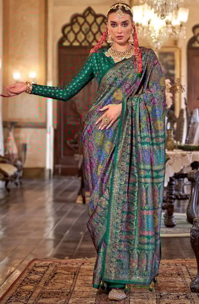Pine Green Printed Viscose Silk Saree