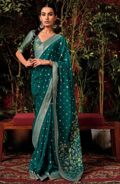 Pine Green Pure Viscose Dola Silk Zari Woven Saree for Wedding