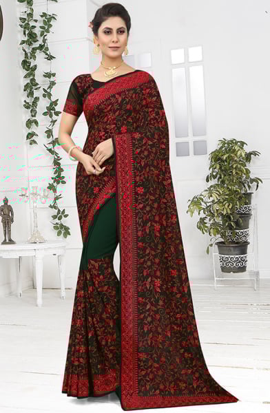 Pine Green Resham Embroidrered Georgette Saree