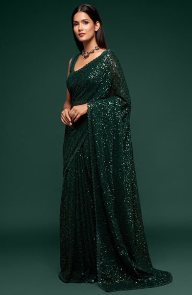 Pine Green Sequined Georgette Designer Saree for Party