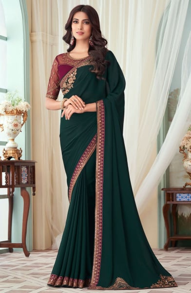 Pine Green Silk Saree with Embroidered Blouse