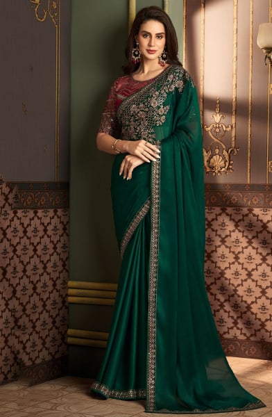 Pine Green Silk Saree with Embroidered Blouse