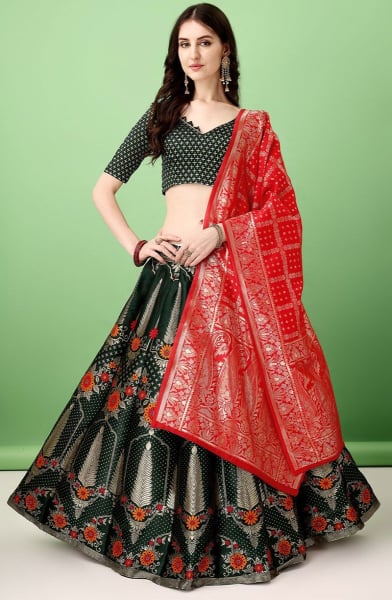 Pine Green Soft Silk Jacquard Lehenga Choli