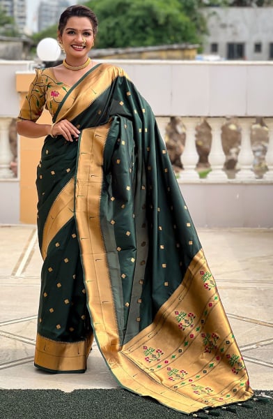 Pine Green Woven Paithani Silk Saree