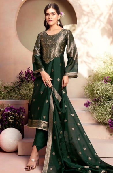 Pine Green Woven Pure Silk Pant Kameez