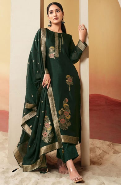 Pine Green Woven Pure Silk Pant Kameez