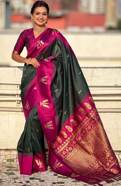 Pine Green Woven Soft Silk Saree