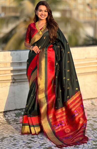 Pine Green Zari Woven Paithani Silk Saree