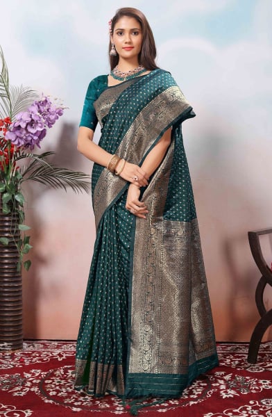 Pine Green Zari Woven Soft Silk Saree
