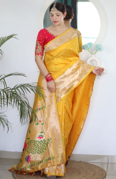 Pineapple Yellow Meenakari Woven Paithani Silk Saree