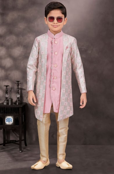 Pink and Off White Boys Indowestern Outfit for Festival