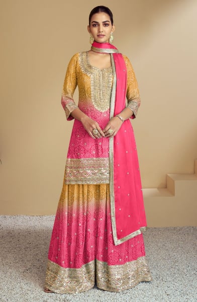 Pink and Yellow Real Digital Chinon Embrodiered Sarara Kameez Suit