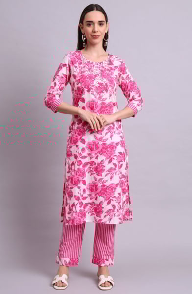 Pink cotton Embroidered Readymade Suit