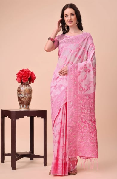 Pink Cotton Printed Saree