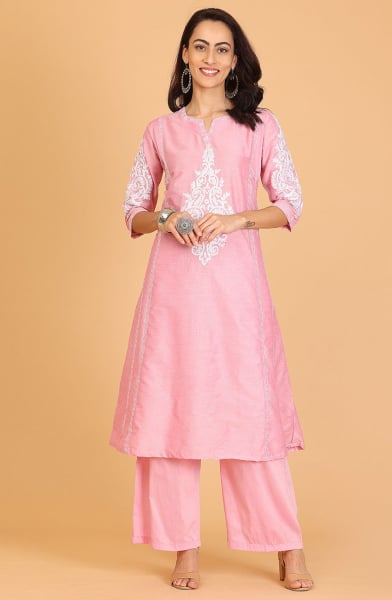 Pink Cotton Silk Readymade Kurta with Bottom