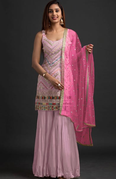 Pink Embroidered Faux Georgette Sarara Kameez