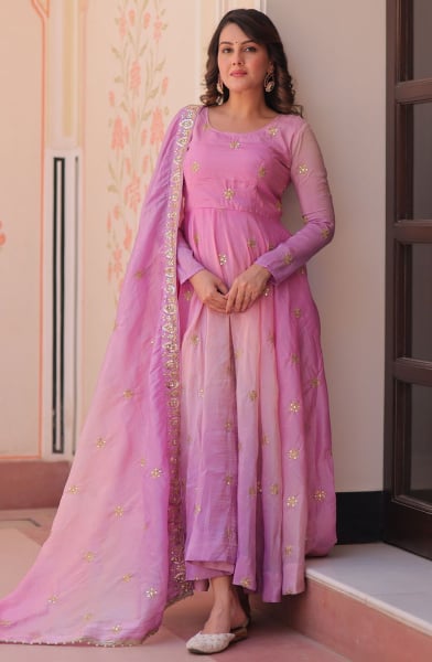 Pink Embroidered Organza Gown with Dupatta