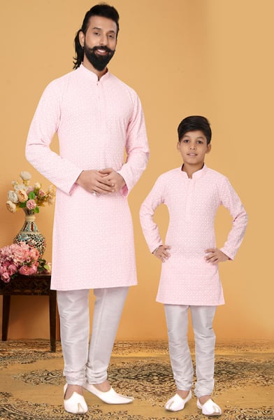 Pink Georgette Father Son Kurta Set Combo