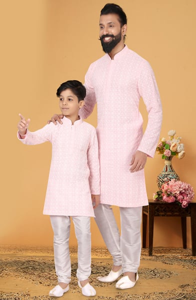 Pink Georgette Father Son Kurta Set Combo