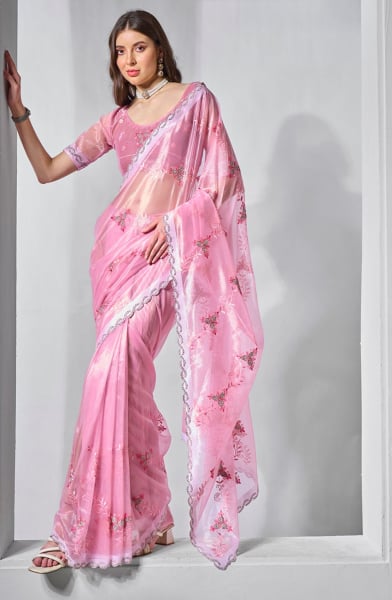 Pink Heavy Embroidered Party Wear Saree
